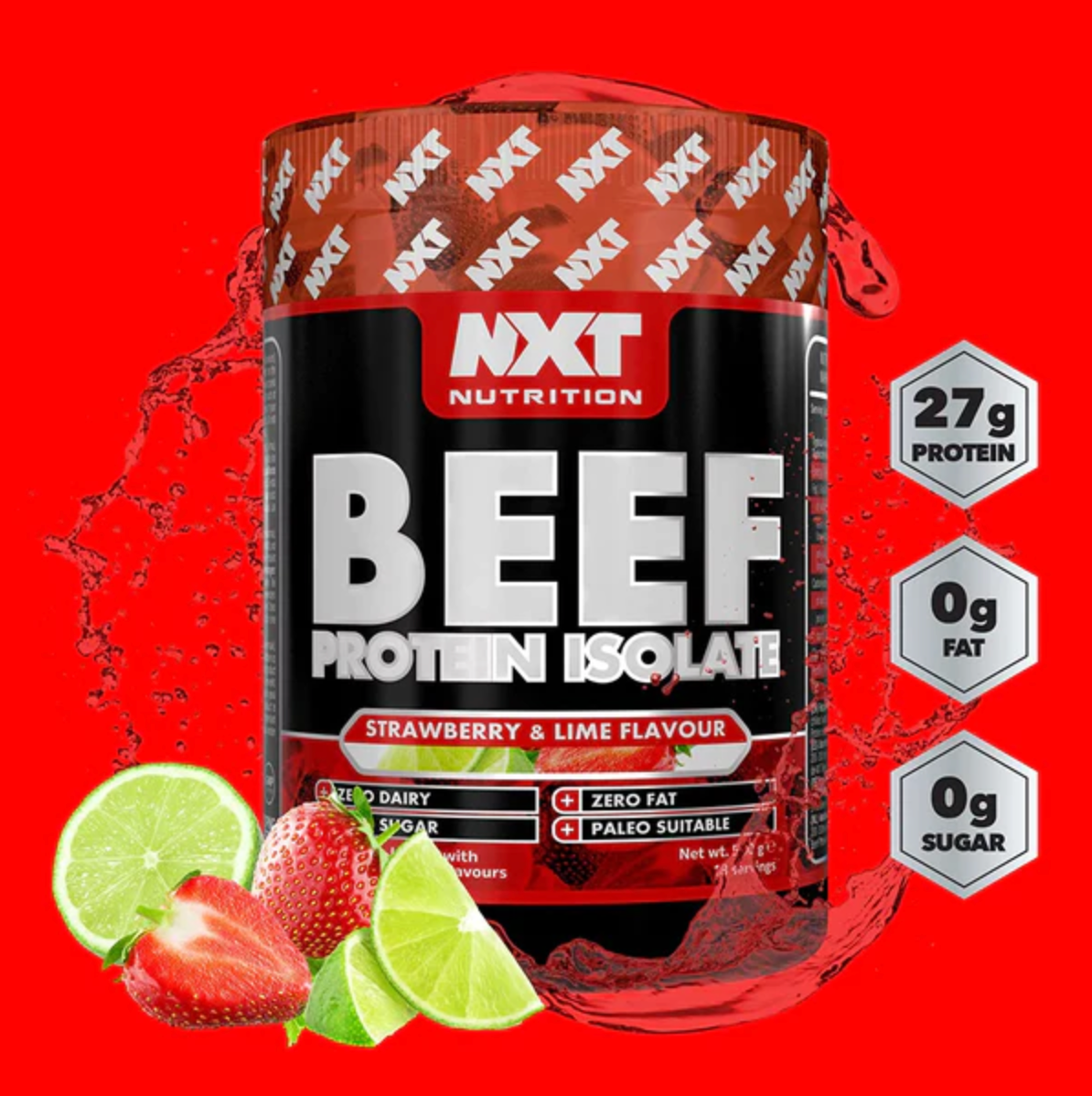 NXT Nutrition Beef Protein Isolate Powder 540g Strawberry and Lime