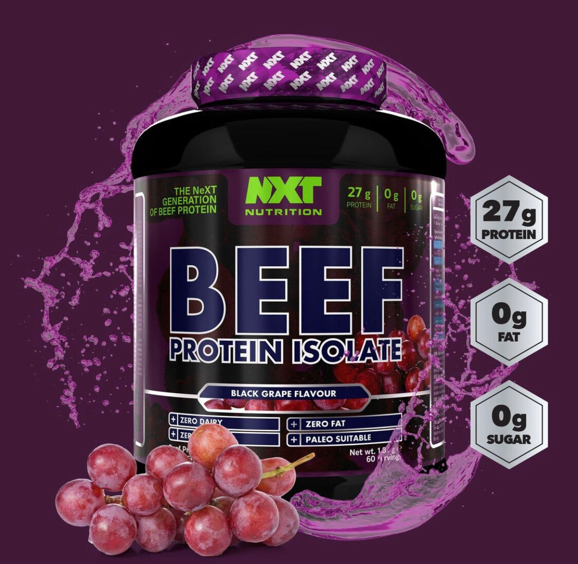 NXT Nutrition Beef Protein Isolate Powder 1.8kg Black Grape
